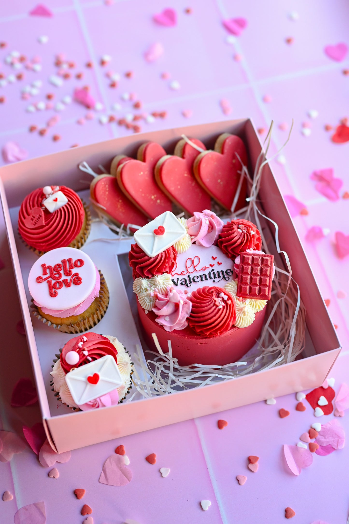 Valentine's Day - Bento Cake with cupcakes and matching cookies!